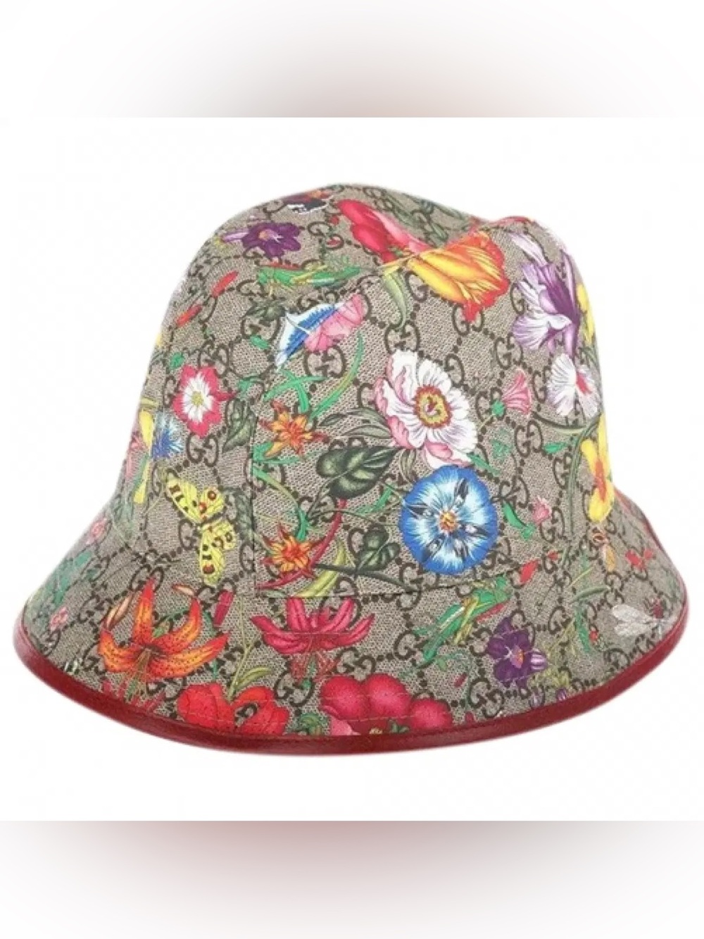 New Gucci GG Canvas Floral Bucket Hat - Red leather Trim